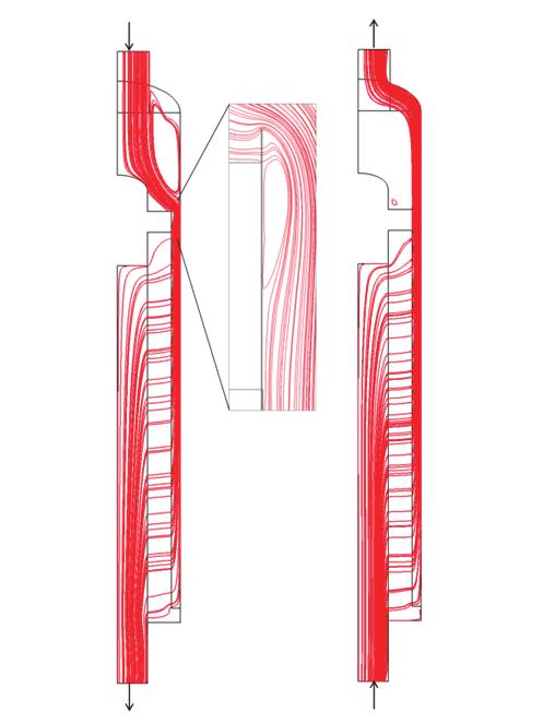 Red represents high pressure, blue represents low. Figure 4. 3D view of internal flows in the reactor. Pressure contours on a cross-section of the reactor are shown in Figure 5.