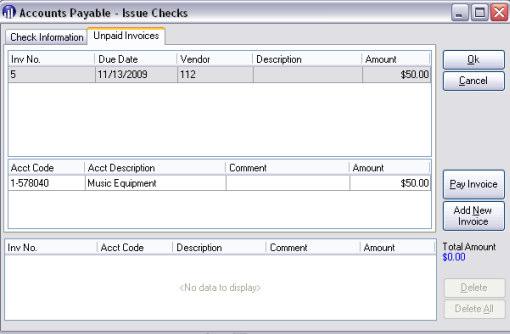 Figure 55: Print/Post Checks 4. If an invoice already exists, select the Unpaid Invoices tab and choose the invoice.
