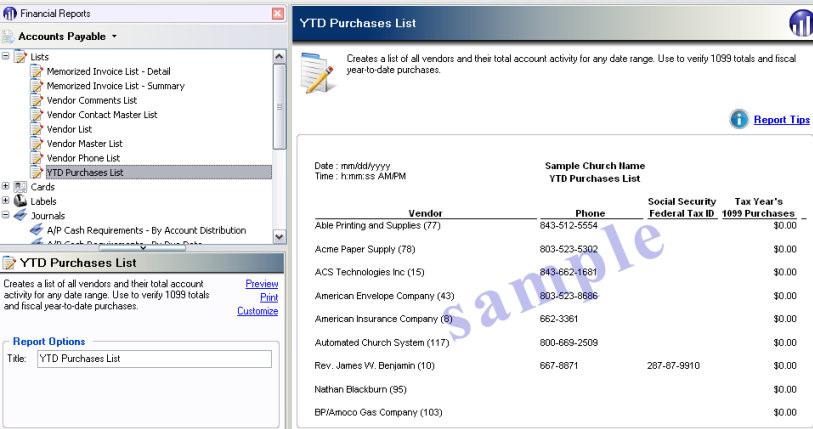 YTD Purchases List Report The YTD Purchases List report lists all vendors and includes vendors' phone numbers, social security numbers, tax year's 1099 purchases, and fiscal YTD purchases.