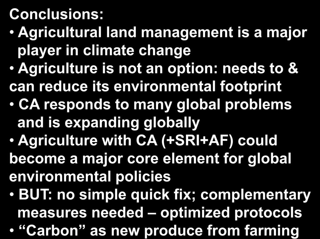 conclusions Conclusions: Agricultural land management is a major player in climate change Agriculture is not an option: needs to & can reduce its environmental footprint CA responds to many global