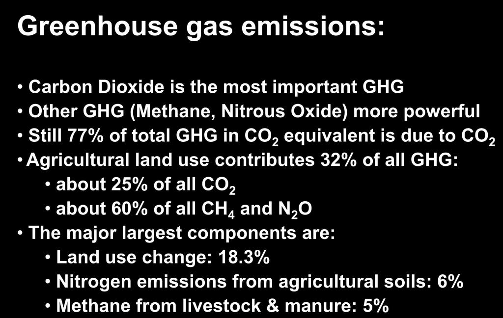 agriculture as a driver Greenhouse gas emissions: Carbon Dioxide is the most important GHG Other GHG (Methane, Nitrous Oxide) more powerful Still 77% of total GHG in CO 2 equivalent is due to CO 2