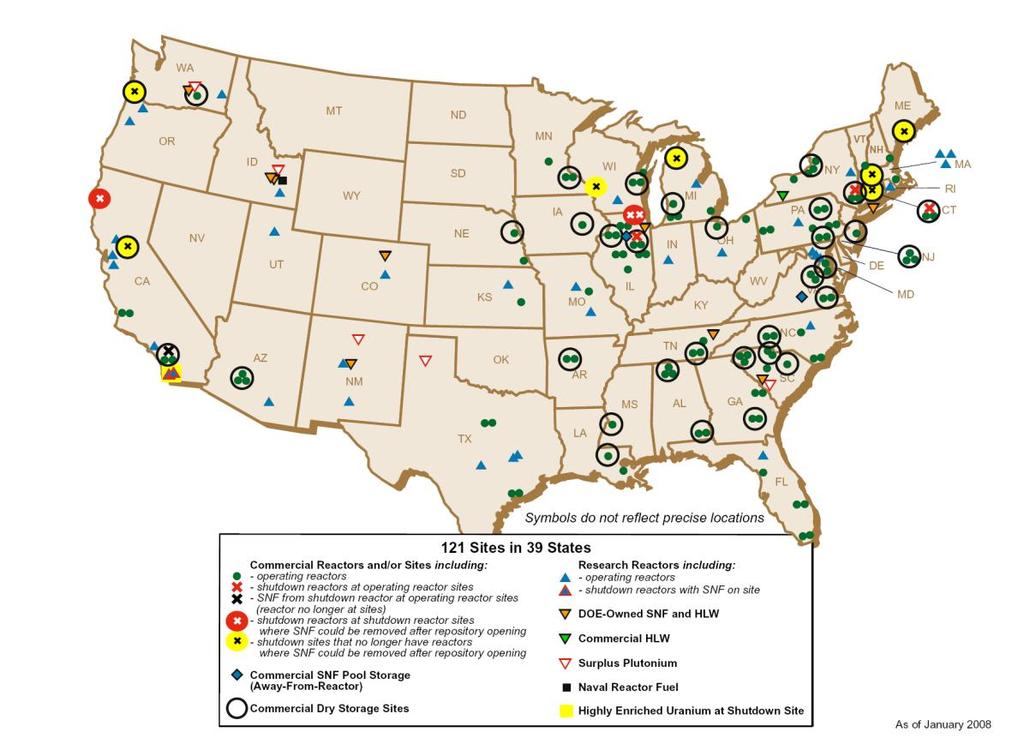 Spent Nuclear Fuel and High-Level Radioactive Waste in the United States Current locations of spent nuclear fuel (SNF) and highlevel radioactive waste (HLW) destined for geologic disposal: 121 sites