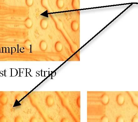 Sample 1, directly taken to the seed layer etch steps, retained the DFR residue on the surface resulting in partial removal of the seed layer.
