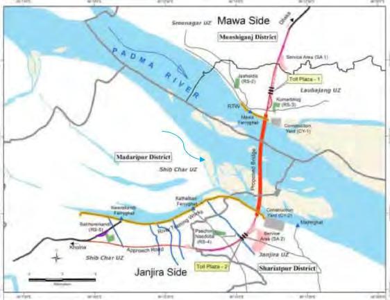 Map of Padma Multipurpose Bridge Project Four alternative crossing points for the bridge were considered (see Map below). These were narrowed down to the two options Mawa-Janjira and Pauria-Goalundo.