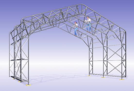 Fig. 15 Fig. 17 Fig. 16 The first two trusses are assembled and braced with ledgers, diagonal braces and stiffeners. On the wall elements, the ledgers are 1.5 m apart.