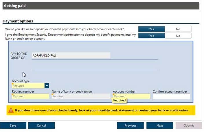 Enter the account type, your routing number, name of bank or credit union and your account number.