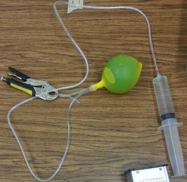 Figure 2.1 Artificial rat, showing a green inner balloon connected to a syringe, yellow outer balloon filled with water and sealed off.