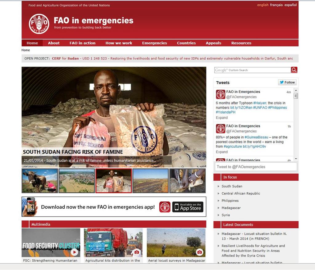 Emergencies Countries in crisis http://www.fao.org/emergencies/en/ Many countries around the globe are hit by natural disasters and calamities, conflicts, etc.