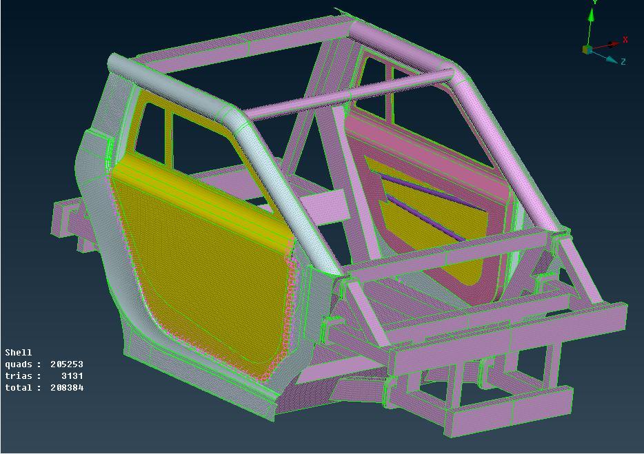 During the modelling process, ANSA is used as pre-processor. The finite element model of the vehicle is composed of 205253 quads and 3131 second order trias elements.