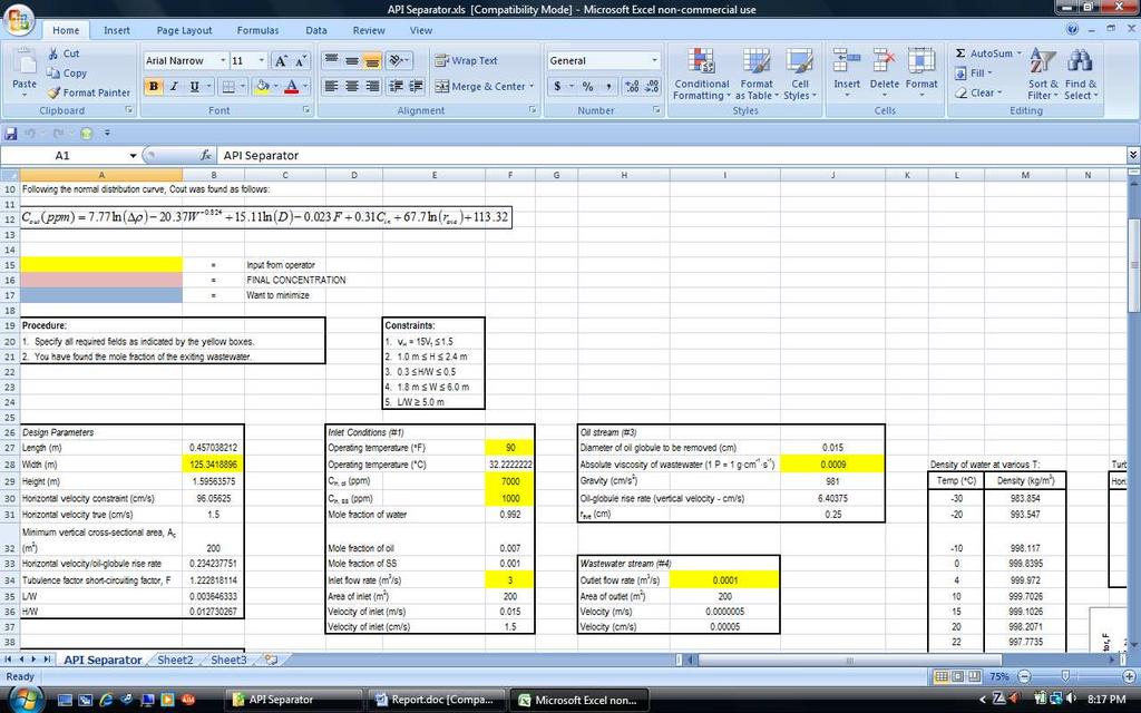 Excel Excel files were made for the API separator and the Chevron Wastewater Treatment plant to model the processes and the cost of the treatment unit. A snapshot is shown in Figure 5.