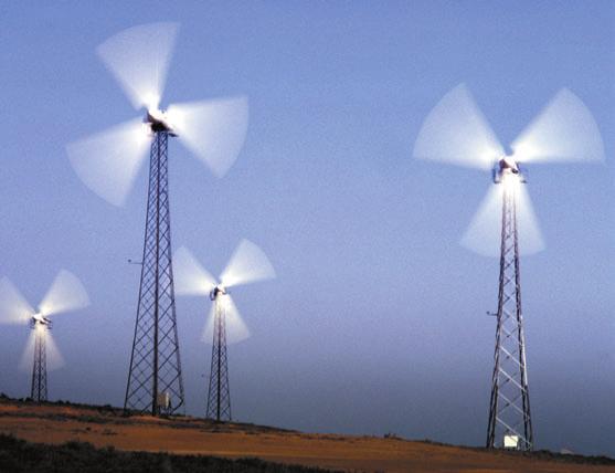 Figure 4 shows wind turbines from an electricity-generating wind farm near Palm Springs, California. The triple-blade propeller is one of the most popular designs used in wind turbines today.