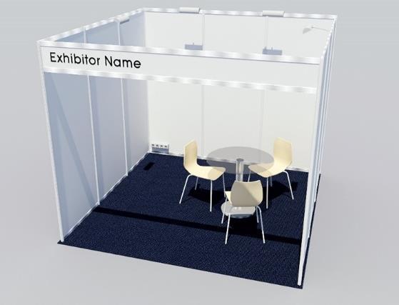 Shell scheme booths for the exhibition include the following: Shell scheme structure with fascia board for company name (20 characters, including printing) 10kw electrical connection Spotlights