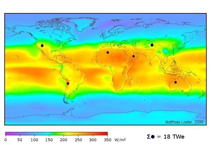 SOLAR AVAILABILITY The colors in the map show the local solar irradiance averaged over three years from 1991 to 1993 (24 hours a day) taking into account the cloud coverage.