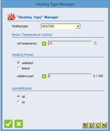 4.4.3.5. HEATING In te Heating Type Manager te maximum temperature and te minimum umidity in a room can be defined.