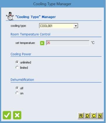 4.4.3.7. COOLING In te Cooling Type Manager te opportunity is given to cange te set temperature for a room, te control of te cooling power and if you want deumidication.