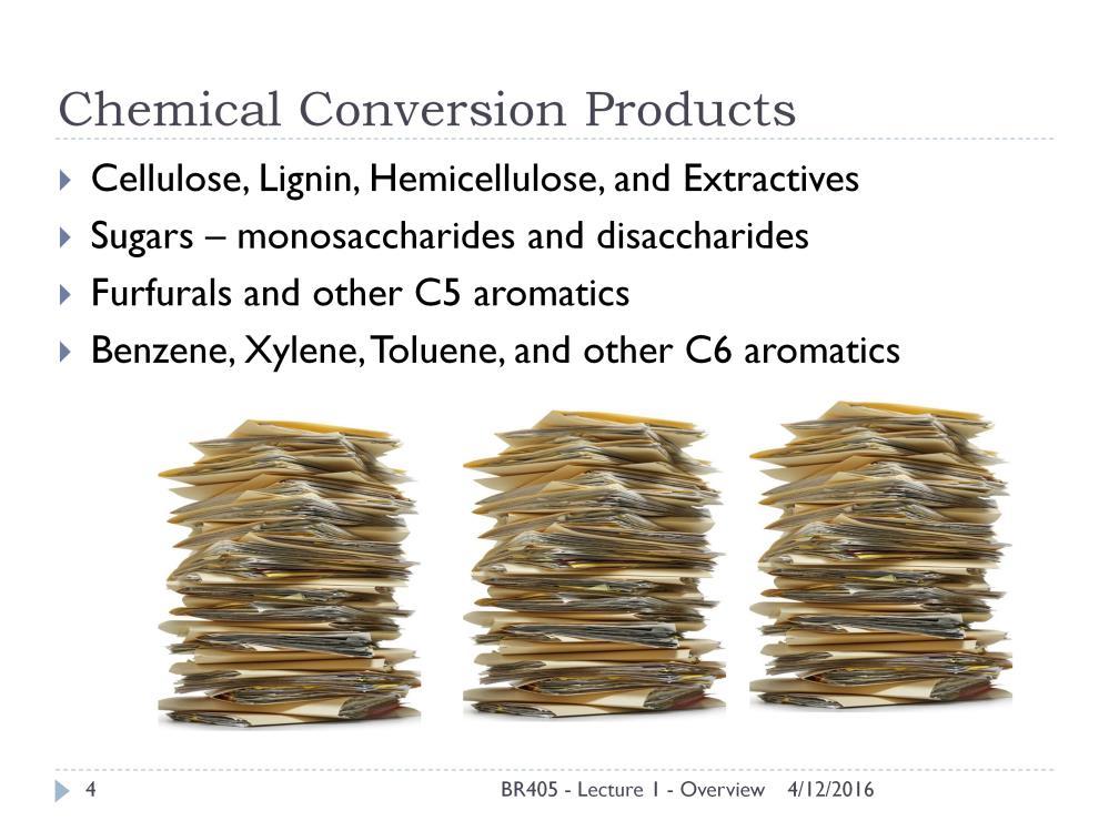 There are a lot of chemical conversion products. They range from cell wall polymers like cellulose and lignin, to much smaller things like sugars and chemicals like furfural.