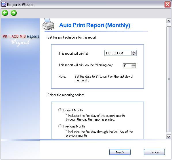 NEC Unified Solutions, Inc. Document Revision 1 2.5.4 Defining a Monthly Report After the user selects the Monthly option on the Auto Print menu, the following form is displayed.