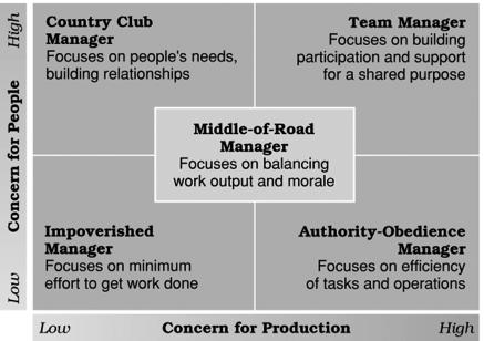 Blake and Mouton Leadership Grid Team management. High task concern; high people concern. Authority-obedience management. High task concern; low people concern. Country club management.