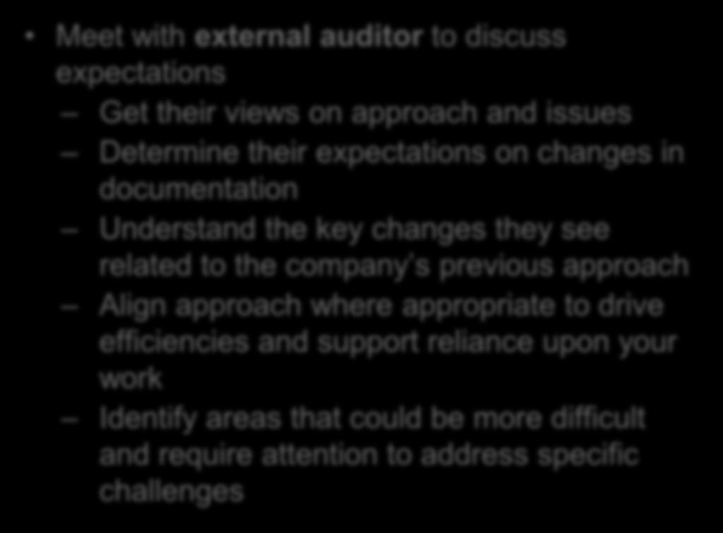 Get External Auditor Involvement Upfront Orientation Planning Assessment Remediation Meet with external auditor to discuss