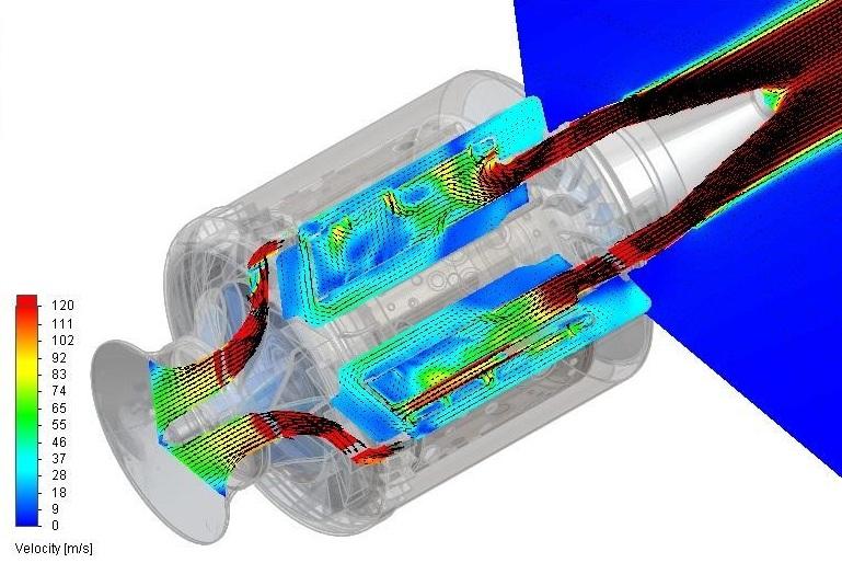 sections of the combustion chamber with flow vectors at the normal mode 2015 Discovery Publication.