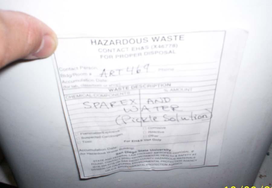 Waste Labeling Label must have the words: - Hazardous Waste - The name and address of the generator (SDSU) - The waste composition and physical state - Percent volume -