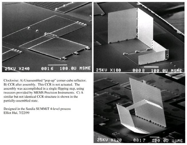 MEMS Pop-Up Structures A) Unassembled pop-up cornercube reflector. B) CCR after assembly. The assembly was accomplished in a single flipping step.