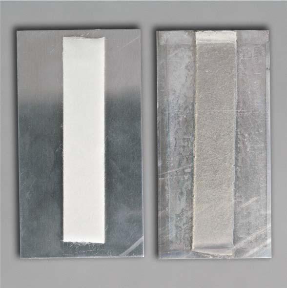 Visual comparison of freshly applied 3M Extreme Sealing Tape 4412N (left); and 3M Extreme Sealing Tape 4412N after 2 hours in 3M accelerated aging conditions A (right).
