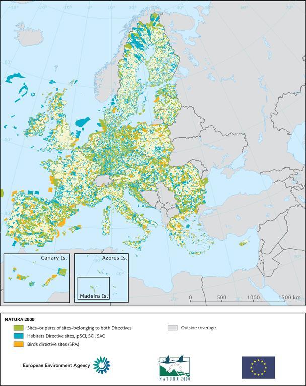 Natura 2000 Network in EU Largest coordinated network of protected areas in the world - most important biodiversity areas 18% of the land area of the EU 6% of the sea