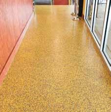 broadcast floor system consisting of high solids clear epoxy and multicolored, fine grain, ceramic-coated quartz aggregate produces a soft, varied tweed pattern. Customizable levels of slip.