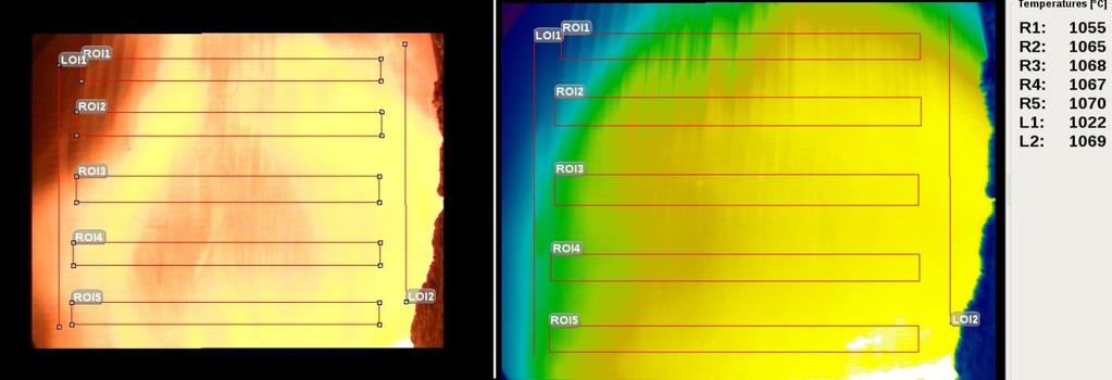 Figure 8. The actual image of the flame and the superheater on the left and the calculated thermal camera image on the right.