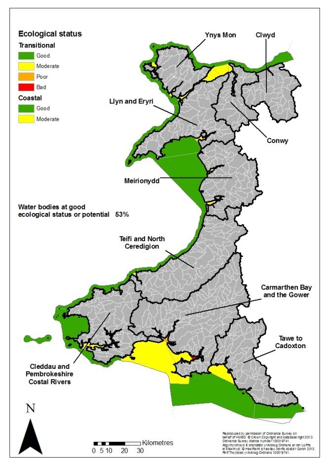 Figures 5 and 6: 2009 and 2012 ecological status for transitional and coastal water bodies Natural