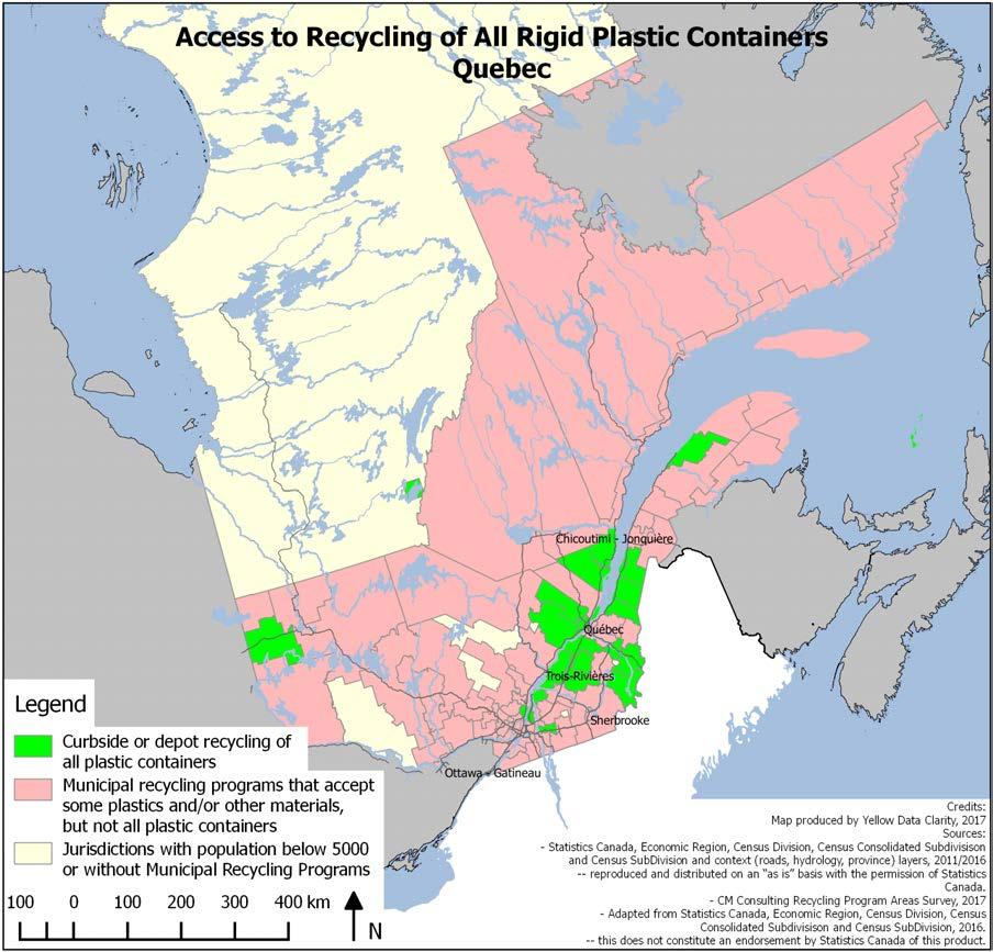 22 Quebec Regions, districts, cities, or other groupings that accept all plastic containers appear in green on this map.