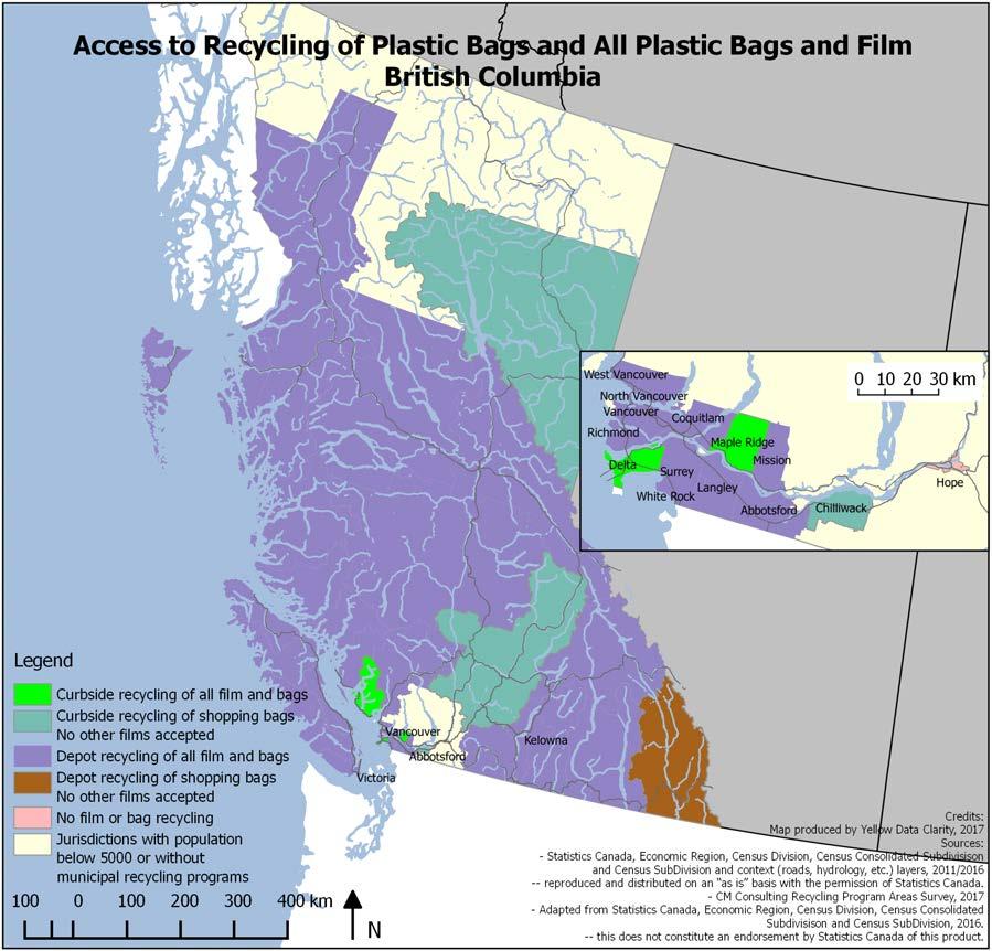 50 British Columbia British Columbia has very high access rates for retail shopping bags (99%) and all film and bags (95%). That access is primarily through depots.