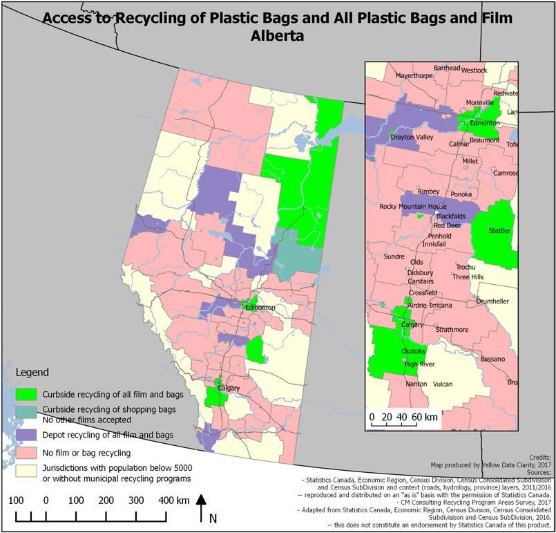 52 Alberta Most Albertans (68%) have access to recycling all film products while 71% have access to municipal recycling for at least retail shopping bags.
