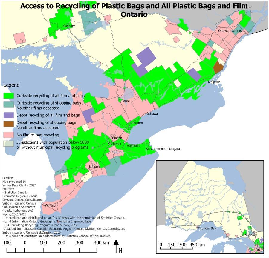 58 Ontario In Ontario, just over half (53%) the population has access to recycling all film plastics, while 55% can recycle at least retail shopping bags.