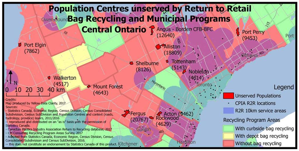 60 In the detailed map of South Central Ontario, we can see that the retail network and the municipal programs combine to provide access to most of the population.