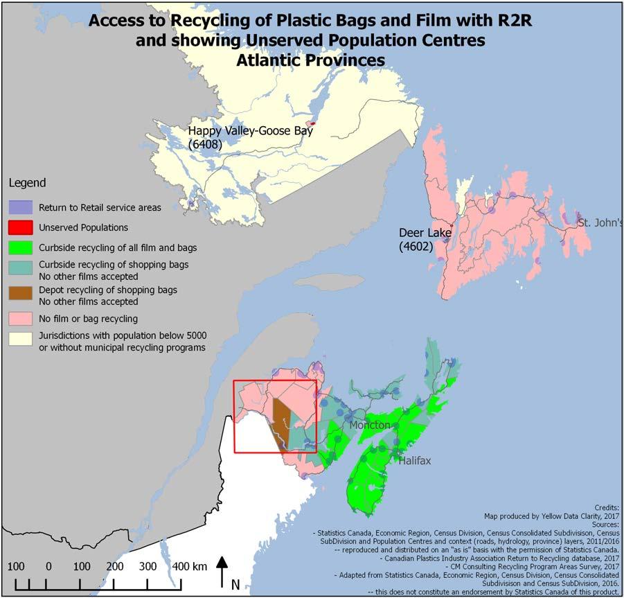 66 The R2R network provides access to recycling plastic shopping bags to over 300,000 people in Newfoundland and nearly 100,000 in New Brunswick that do not have any municipal option for doing so.