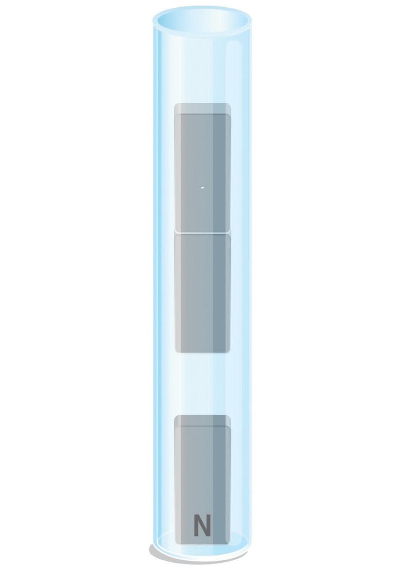 What do you know? Imagine dropping three magnets into a glass tube. The picture below shows how the magnets line up in the tube. The north pole of the bottom magnet is marked with an N.