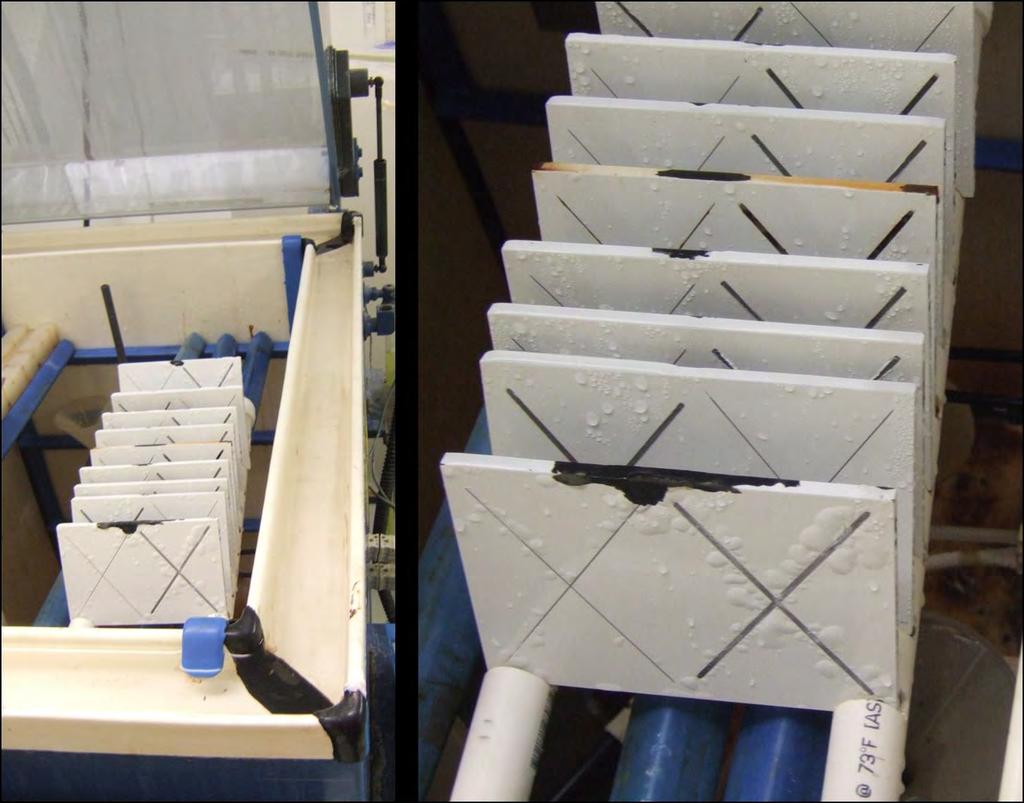 at 0.5 mm and one at 2.5 mm width, were set side by side on one face of each test panel, as shown in FIGURE 2. The grinding wheel was operated at 3600 RPM and removed approximately 0.