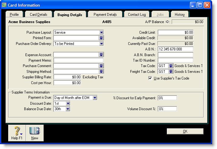 4 Create a card for the supplier: a In the Card field, type Acme Business Supplies and press TAB. The Select from List window b Click New. The Card Information window c Press TAB.