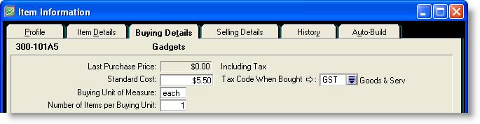 The Item Information window appears, displaying 300-101A5 in the Item Number field. b Press TAB. The Name field c In the Name field, type Gadgets. d Select the I Buy This Item option.
