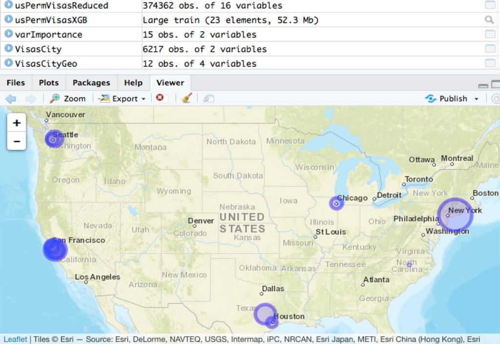 EXPLORATORY ANALYSIS The following map shows top cities with Visa Applications for Case Status as Certified.