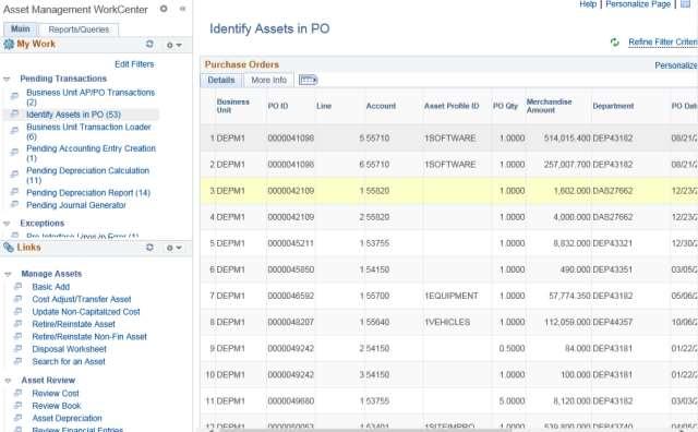 WorkCenters Click the Identify Assets in PO link