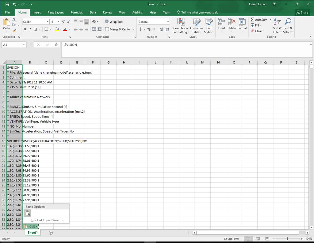 At this point, the user should copy all the data in the text file, and paste it into Excel to prompt the program to use the Text Import Wizard.
