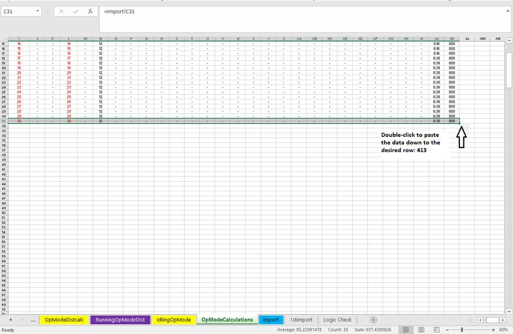 Figure 29: Opmodecalculations Final Paste At this point, the majority of Excel data processing should be complete.