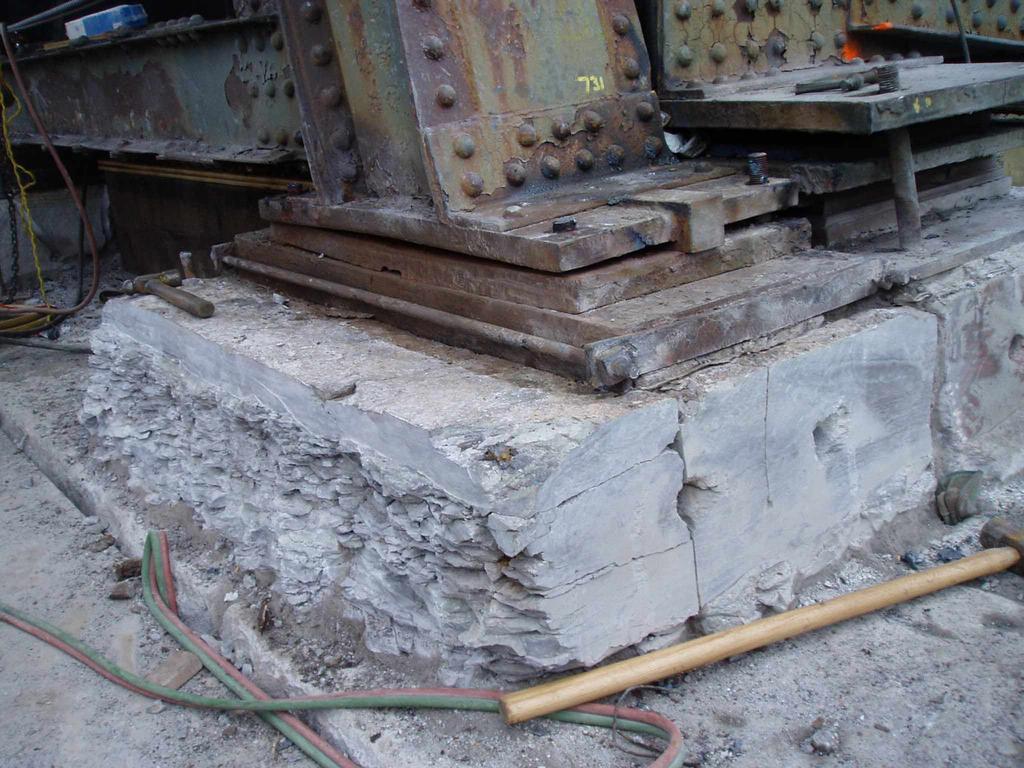 Figure 16 Masonry Removed from around Bearings The work during the track blocks consisted of: Block #1) Repositioning of the rockerbent to a vertical position, and replacement of the rocker bent
