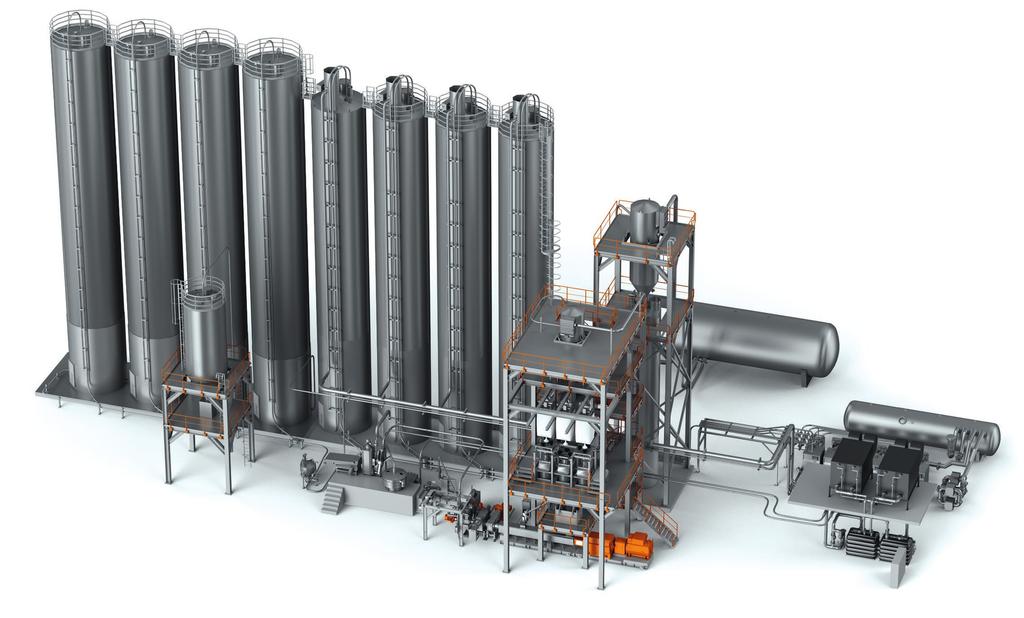Panorama view of the overall plant Plant concept: material supply in a nitrogen atmosphere from a reactor mixing and supply silos dosing units extrusion line with a ZSE 180 MAXX twin screw extruder