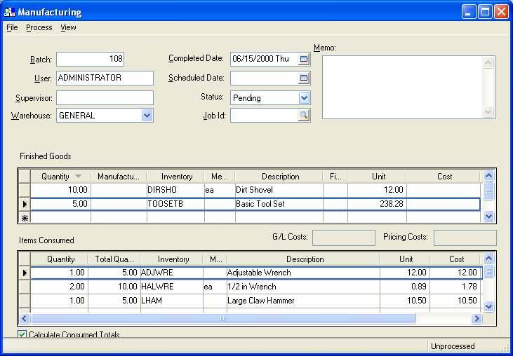 Eagle Business Management System - Manufacturing Purchasing the Required Materials The first step when purchasing materials for a batch is to enter the Finished Goods (items scheduled to be