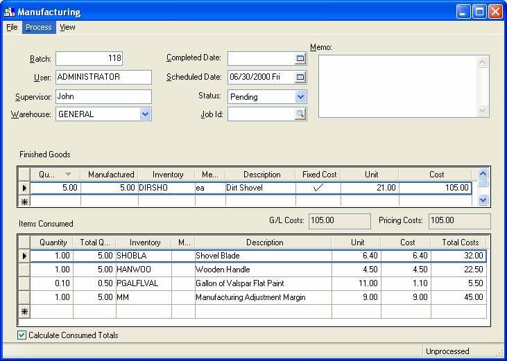 Eagle Business Management System - Manufacturing The system enables the Fixed Cost option on the Finished Goods line of the batch. Notice that the system applied a Unit cost of $9.