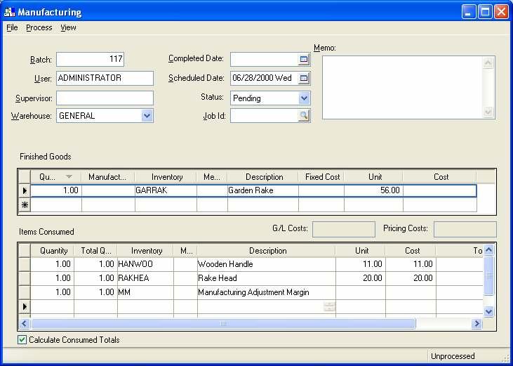 Eagle Business Management System - Manufacturing 2. Enable the Fixed Cost option on the Finished Goods line by clicking on the Fixed Cost column field.